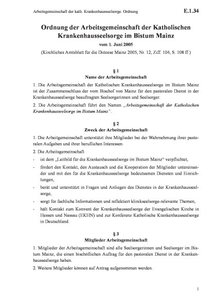 E.1.34 Arbeitsgemeinschaft der kath. Krankenhausseelsorge. Ordnung