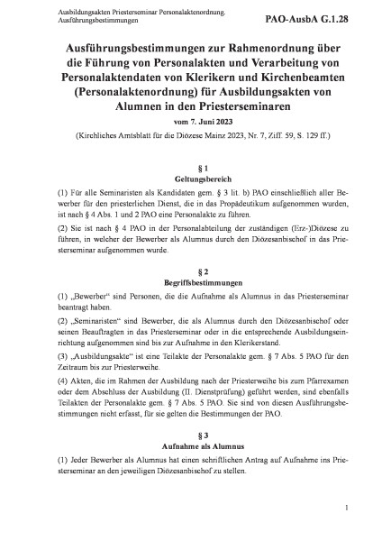 G.1.28 Ausbildungsakten Priesterseminar Personalaktenordnung. Ausführungsbestimmungen