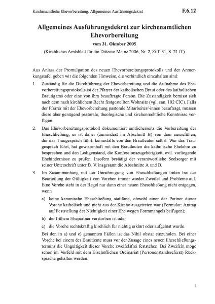 F.6.12 Kirchenamtliche Ehevorbereitung. Allgemeines Ausführungsdekret