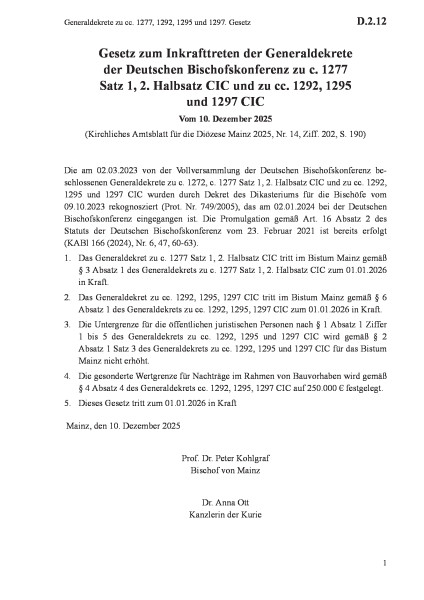 D.2.12 Generaldekrete zu cc. 1277, 1292, 1295 und 1297. Gesetz