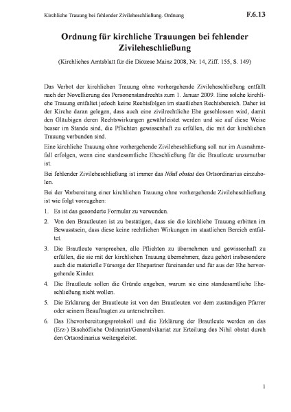 F.6.13 Kirchliche Trauung bei fehlender Zivileheschließung. Ordnung