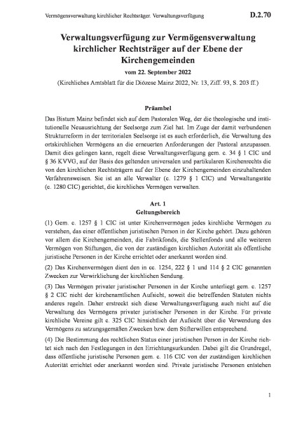 D.2.70 Vermögensverwaltung kirchlicher Rechtsräger. Verwaltungsverfügung