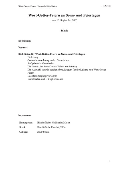 F.8.10 Wort-Gottes-Feiern. Pastorale Richtlinien