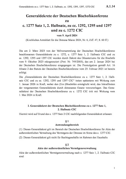 A.1.14 Generaldekrete zu c. 1277 Satz 1, 2. Halbsatz, cc. 1292, 1295, 1297, 1272 CIC