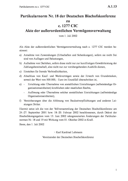 A.1.13 Partikularnorm zu c. 1277 CIC