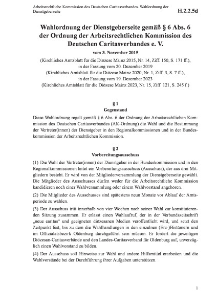 H.2.2.5d Arbeitsrechtliche Kommission des Deutschen Caritasverbandes. Wahlordnung der Dienstgebersei