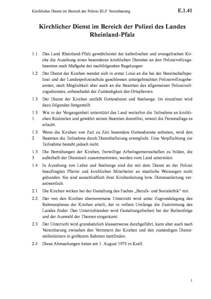 E.1.41 Kirchlicher Dienst im Bereich der Polizei RLP. Vereinbarung