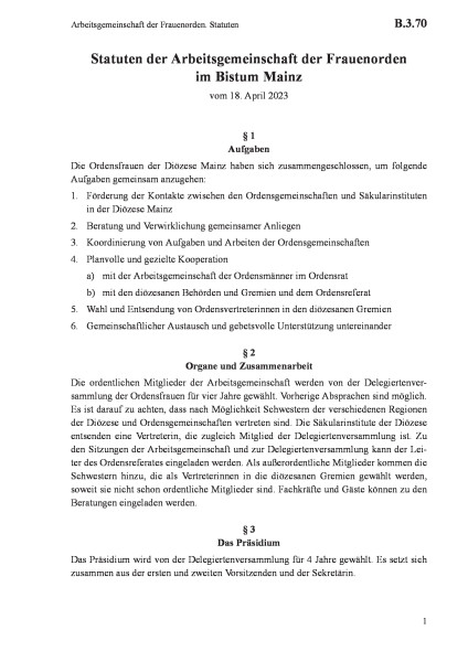 B.3.70 Arbeitsgemeinschaft der Frauenorden. Statuten