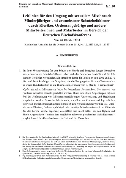 G.1.20 Umgang mit sexuellem Missbrauch Minderjähriger und erwachsener Schutzbefohlener. Leitlinien