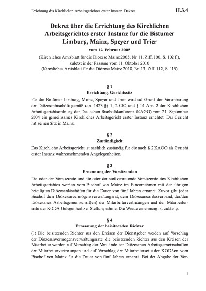 H.3.4 Errichtung des Kirchlichen Arbeitsgerichtes erster Instanz. Dekret