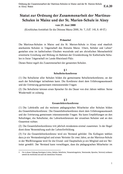 E.6.20 Ordnung der Zusammenarbeit der Martinus-Schulen in Mainz und der St. Marien-Schule in Alzey.