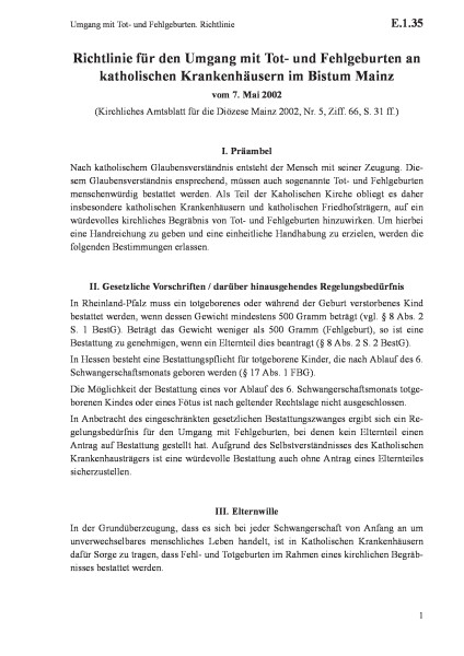 E.1.35 Umgang mit Tot- und Fehlgeburten. Richtlinie
