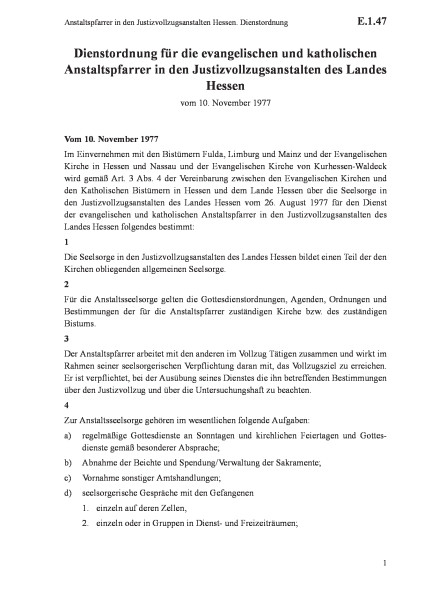 E.1.47 Anstaltspfarrer in den Justizvollzugsanstalten Hessen. Dienstordnung