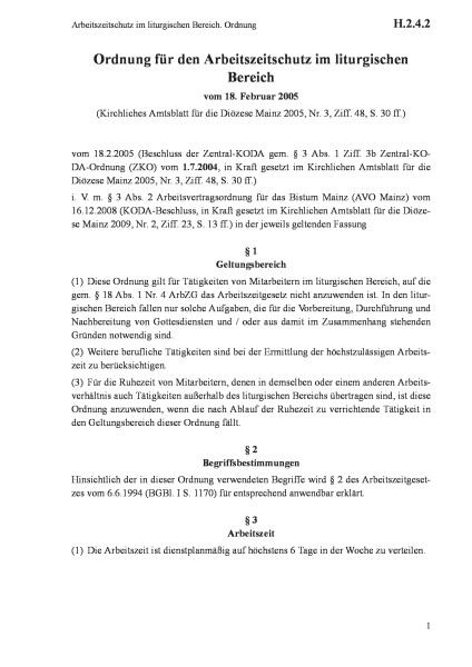 H.2.4.2 Arbeitszeitschutz im liturgischen Bereich. Ordnung