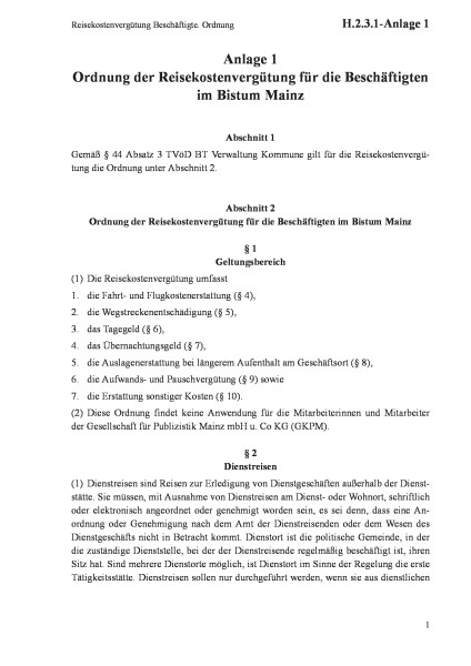 H.2.3.1-Anlage 1 Reisekostenvergütung Beschäftigte. Ordnung