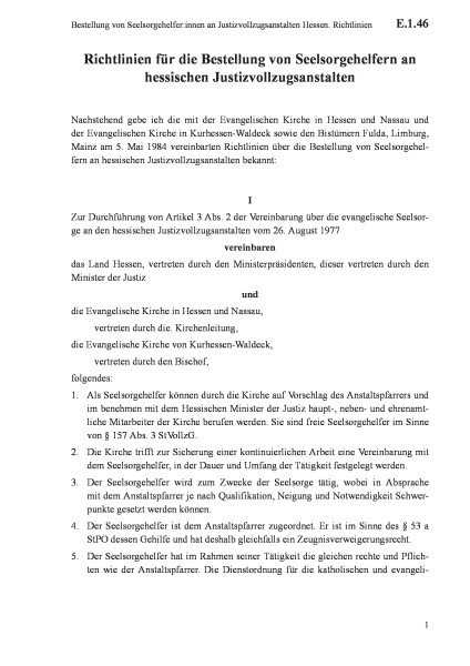E.1.46 Bestellung von Seelsorgehelfer:innen an Justizvollzugsanstalten Hessen. Richtlinien