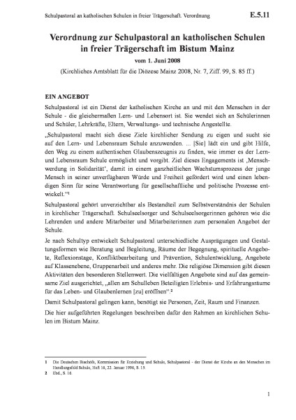 E.5.11 Schulpastoral an katholischen Schulen in freier Trägerschaft. Verordnung