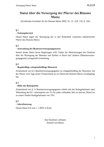 G.3.12 Versorgung Pfarrer. Statut
