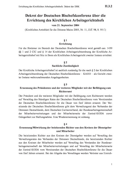 H.3.2 Errichtung des Kirchlichen Arbeitsgerichtshofs. Dekret der DBK