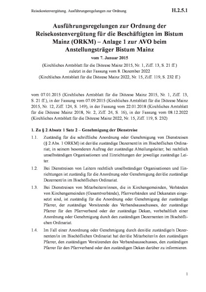 H.2.5.1 Reisekostenvergütung. Ausführungsregelungen zur Ordnung