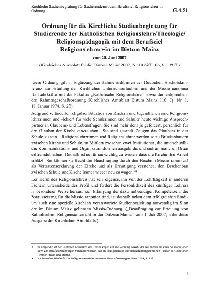 G.4.51 Kirchliche Studienbegleitung für Studierende mit dem Berufsziel Religionslehrer:in. Ordnung