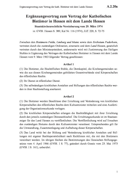 A.2.20a Ergänzungsvertrag zum Vertrag der kath. Bistümer mit dem Lande Hessen
