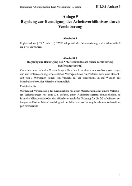 H.2.3.1-Anlage 9 Beendigung Arbeitsverhältnis durch Vereinbarung. Regelung