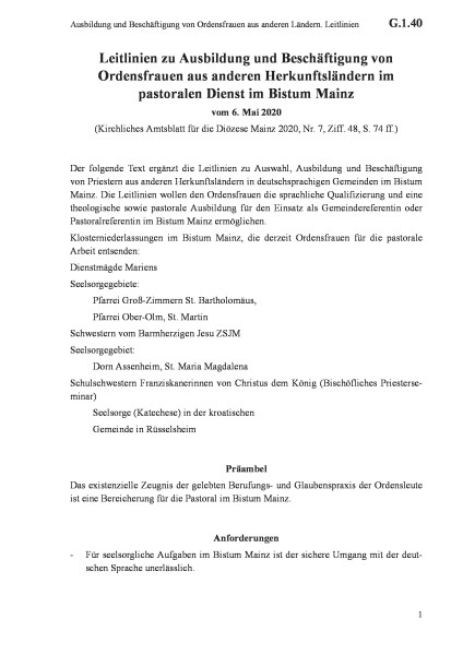 G.1.40 Ausbildung und Beschäftigung von Ordensfrauen aus anderen Ländern. Leitlinien