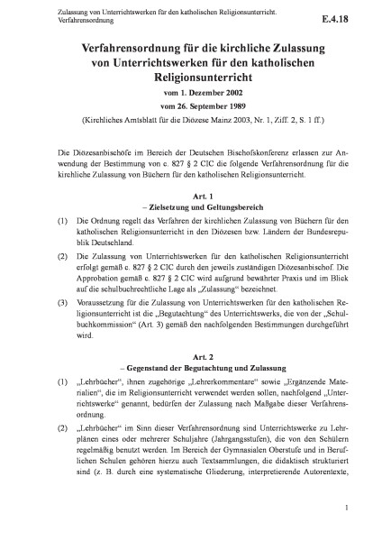 E.4.18 Zulassung von Unterrichtswerken für den katholischen Religionsunterricht. Verfahrensordnung