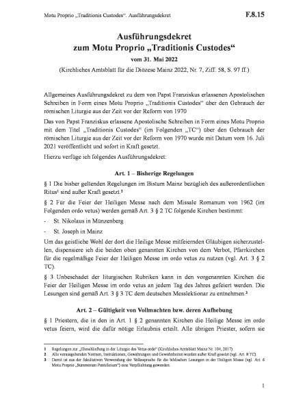 F.8.15 Motu Proprio „Traditionis Custodes“. Ausführungsdekret
