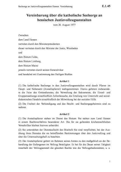 E.1.45 Seelsorge an Justizvollzugsanstalten Hessen. Vereinbarung