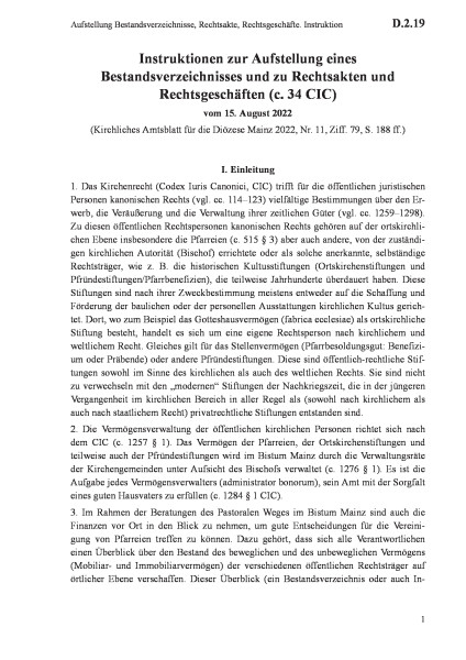D.2.19 Aufstellung Bestandsverzeichnisse, Rechtsakte, Rechtsgeschäfte. Instruktion