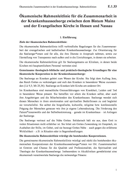E.1.33 Ökumenische Zusammenarbeit in der Krankenhausseelsorge. Rahmenleitlinien