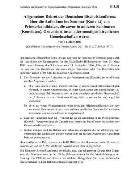 G.3.31 Aufnahme ins Seminar von Priesterkandidaten. Allgemeines Dekret der DBK