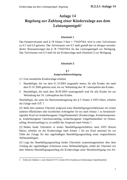 H.2.3.1-Anlage 14 Kinderzulage aus dem Leistungsentgelt. Regelung