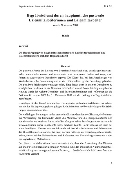 F.7.10 Begräbnisdienst. Pastorale Richtlinie