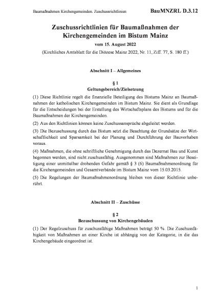 D.3.12 Baumaßnahmen Kirchengemeinden. Zuschussrichtlinien