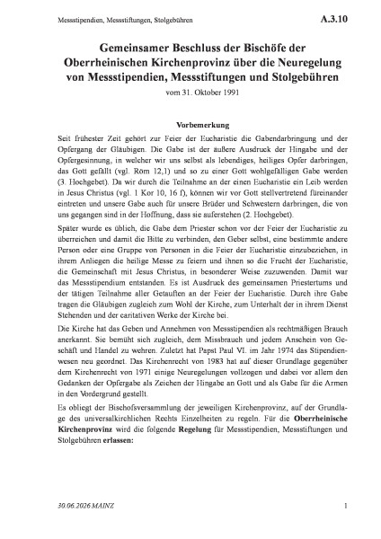 A.3.10 Messstipendien, Messstiftungen, Stolgebühren