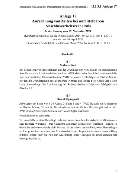 H.2.3.1-Anlage 17 Anrechnung von Zeiten bei unmittelbarem Anschlussarbeitsverhältnis