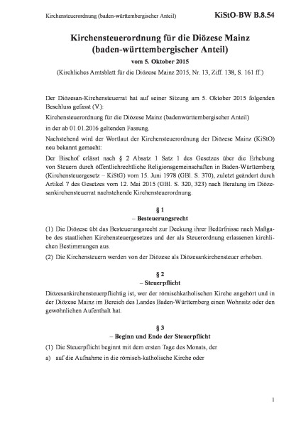 B.8.54 Kirchensteuerordnung (baden-württembergischer Anteil)