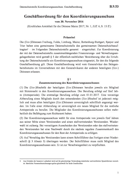 B.9.53 Datenschutzstelle Koordinierungsausschuss. Geschäftsordnung